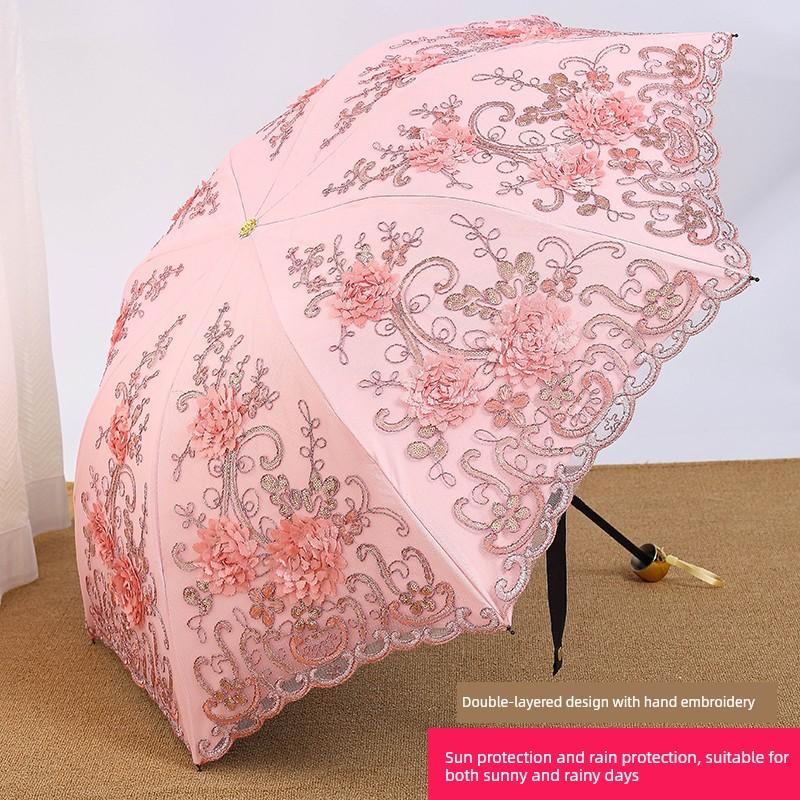 Embroidered Princess Vinyl Sunshade Umbrella with Lace Embroidery 70% off 80% off Folding Sun and Rain Umbrella for Women, Uv Protection