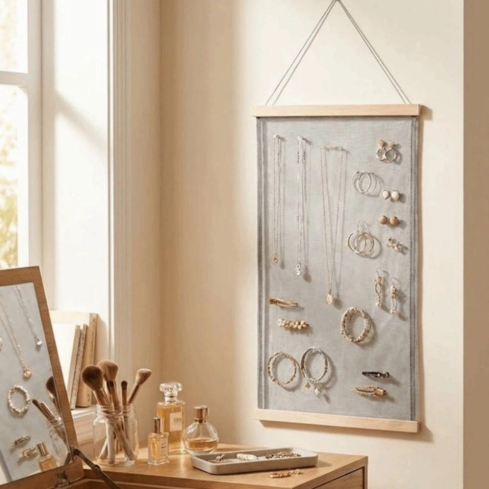 Mesh Grid Jewelry Hanging Storage Rack Wood Frame Mesh Display Rack for Home