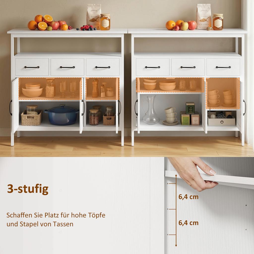 Sideboard with Adjustable Shelves, Buffet Cabinet with 3 Drawers, 3 Doors, 95 cm, White