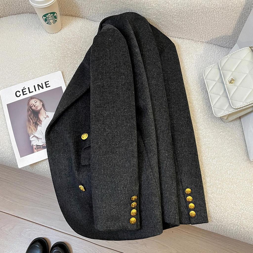 Женский темно-серый твиловый блейзер 2025 года - Деловой пиджак в британском стиле