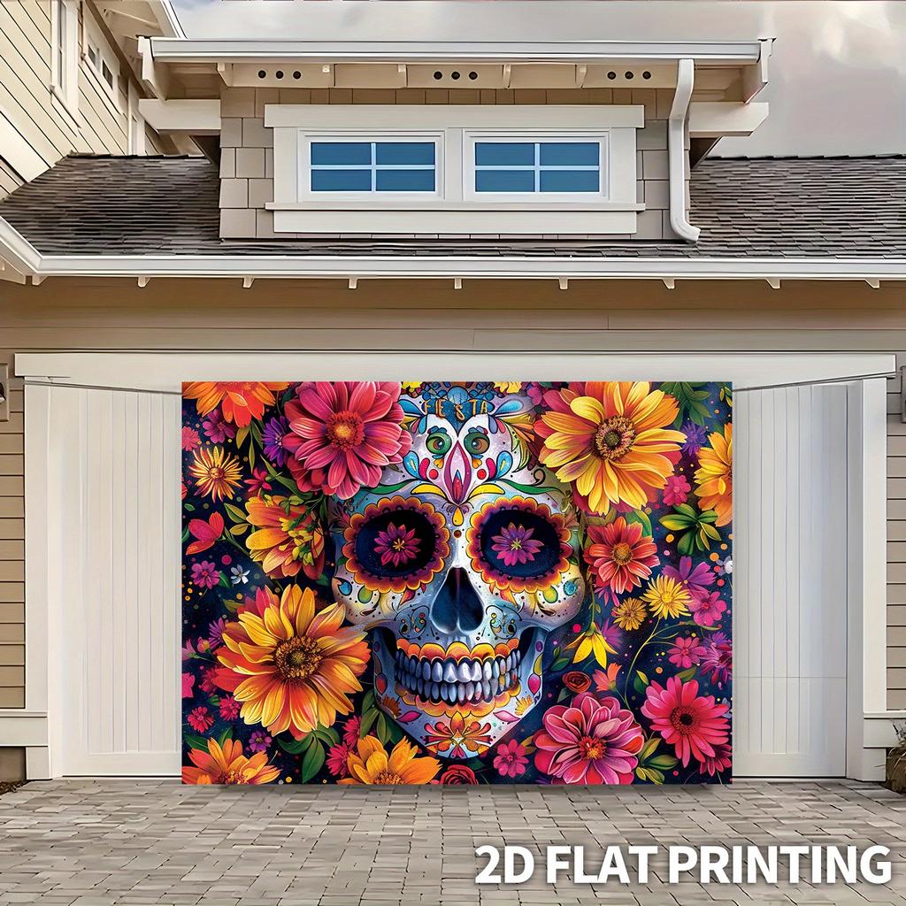 1 large sugar skull flower party banner - Mexican Day of the Dead decoration with bright floral patterns polyester