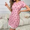 Pink love print Modal short-sleeved nightdress side split-ended round neck lace splicing pajamas one piece