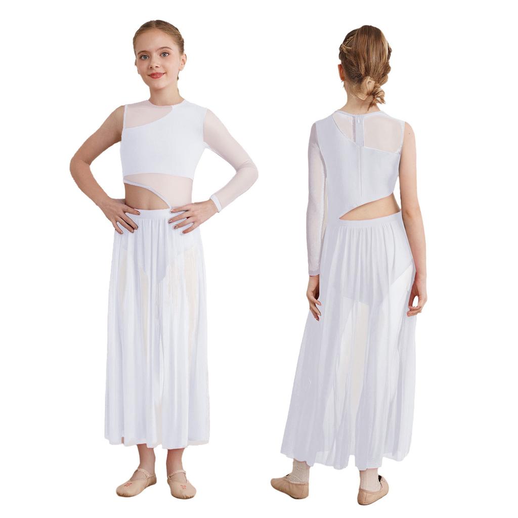 Современное лирическое танцевальное платье для девочек с вырезами по бокам, пэчворком, разрезом и асимметричным дизайном из прозрачной сетки