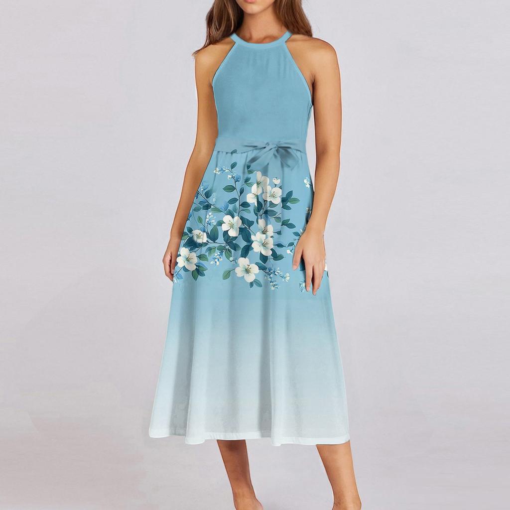 Женское повседневное платье миди с круглым вырезом, классическое, повседневное, без рукавов, свободное платье в стиле бохо с завязками, летний пляжный сарафан