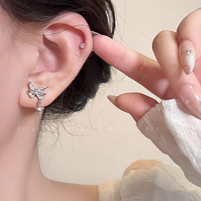 ДНК сердцебиения: Серебряные серьги-бабочки со звездой и цирконом - Нишевая роскошь, клипсы для непроколотых ушей