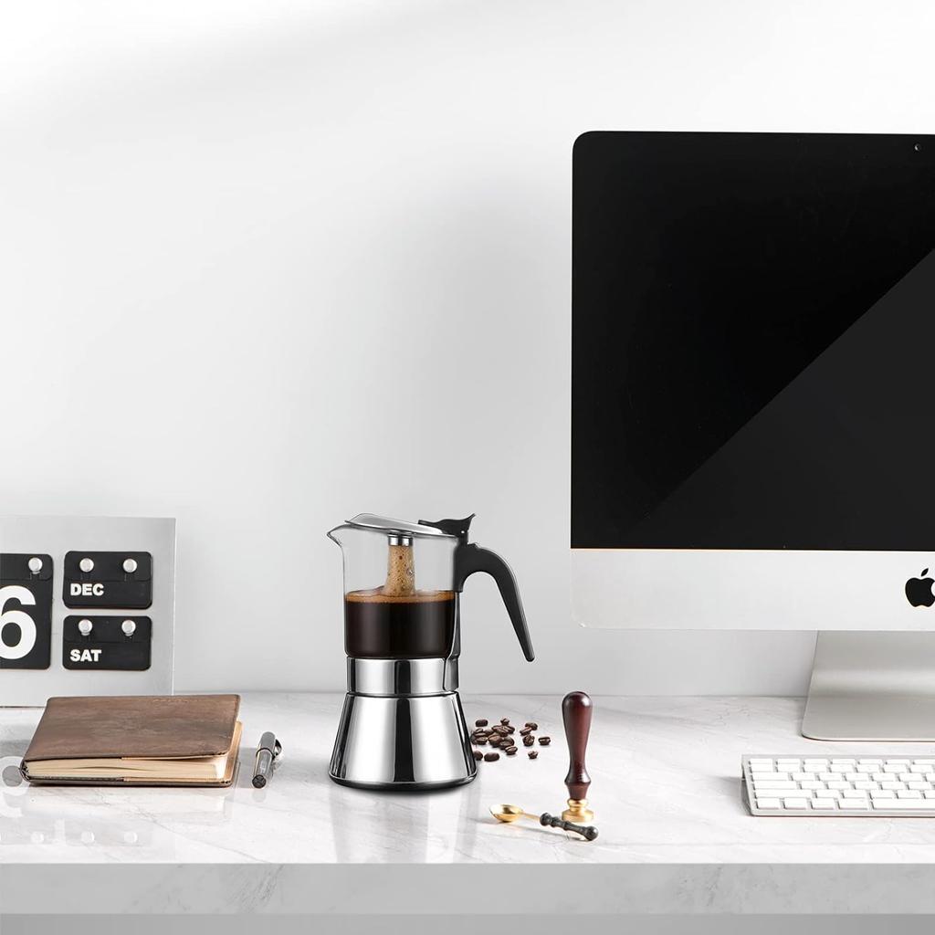 Кофеварка для эспрессо на индукционной плите Moka с клапаном давления, столешницей из хрустального стекла и кастрюлей Esprosso Moka из нержавеющей стали, классическая итальянская кофеварка