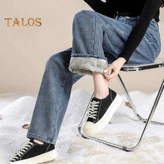 Женские зимние джинсы с высокой талией, застежкой-молнией, подкладкой из толстого бархата, свободным кроем, карманами, прямыми широкими штанинами, повседневными длинными брюками