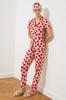 Women's Fashion New Pajama Set Pink Piping Detailed Strawberry Patterned Knitted Pajama Set