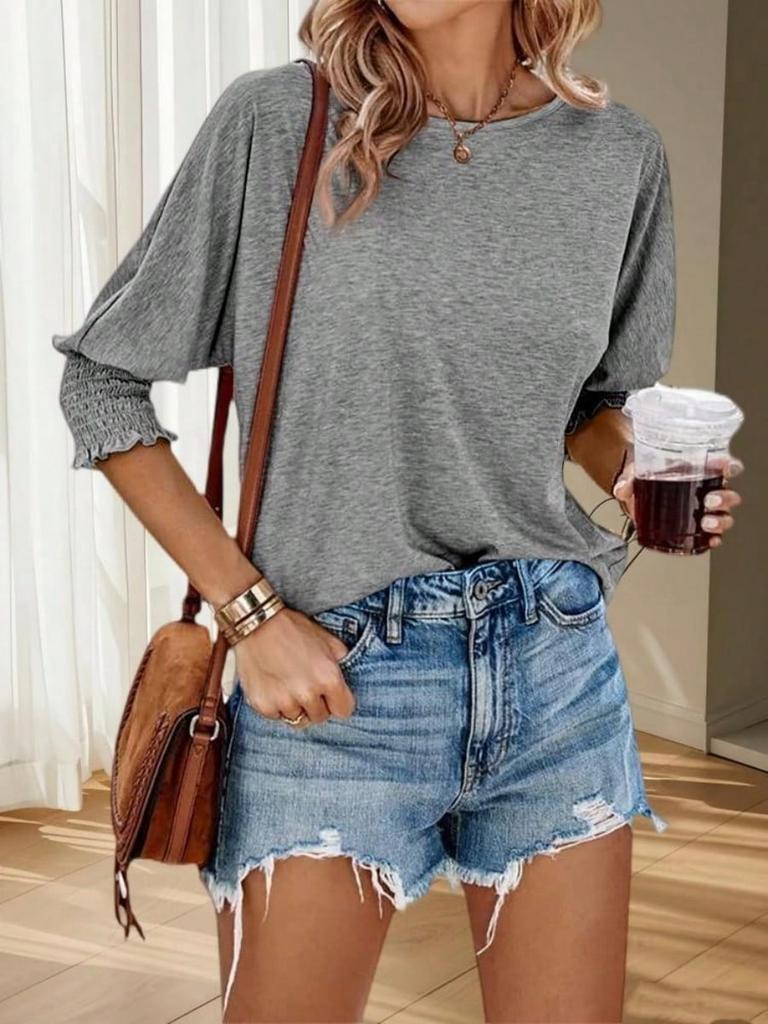 Women's Solid Color Crew Neck Blouse Three Quarter Sleeve Loose Fit Work Top