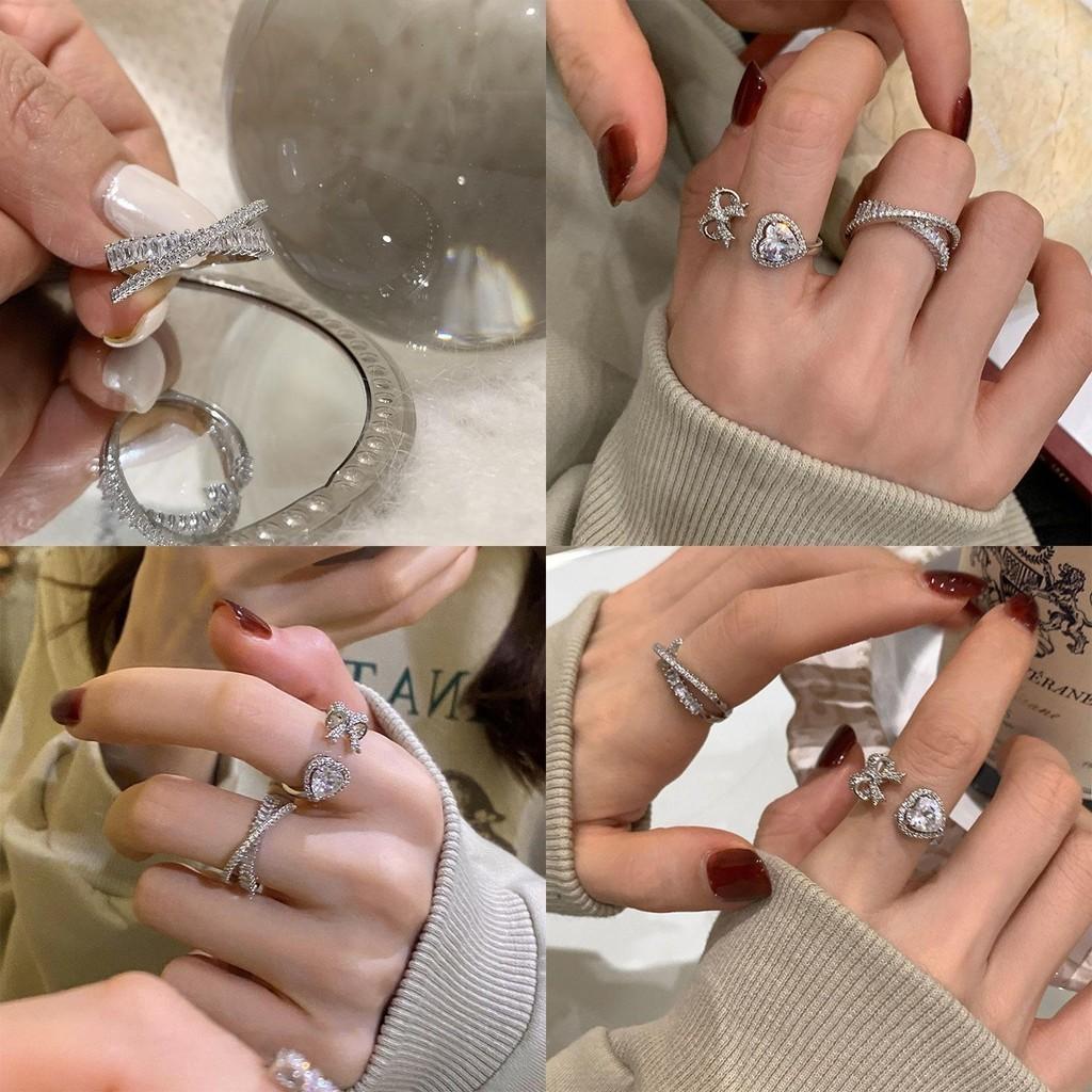 Fashionable Copper Heart Bow Zircon Adjustable Ring For Women Trendy Jewelry