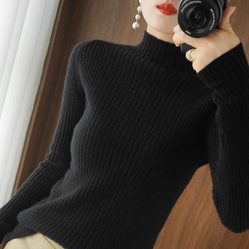 Женский свитер с полувысоким воротом, длинный рукав, тонкий внутренний пуловер, однотонный повседневный плотный вязаный свитер на осень и зиму