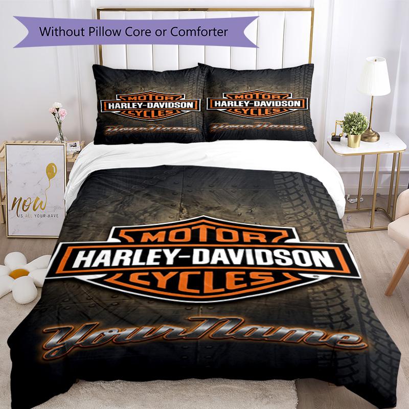 Мотоциклы Harley-davidson Напечатайте свое имя Комплект постельного белья Дышащий пододеяльник с наволочками Декор для дома Подарок на день рождения