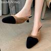 Winter Fur Shallow Women Slippers Pointed Toe Fashion Mid Heels Shoes 2025 Trend Designer Elegant Pumps Dress Chaussures Ladies