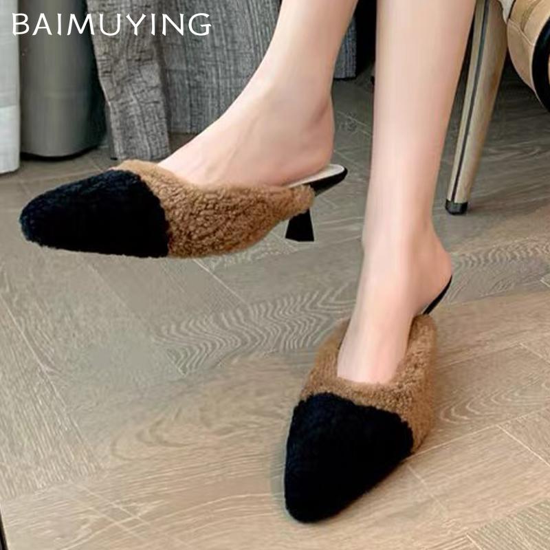 Winter Fur Shallow Women Slippers Pointed Toe Fashion Mid Heels Shoes 2025 Trend Designer Elegant Pumps Dress Chaussures Ladies