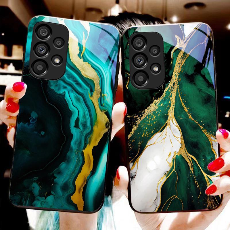 Зеленый мрамор для Samsung Galaxy S10 20 Plus 21 FE 22 23 24 FE 25 Ultra Черный чехол для телефона из закаленного стекла Жесткий чехол