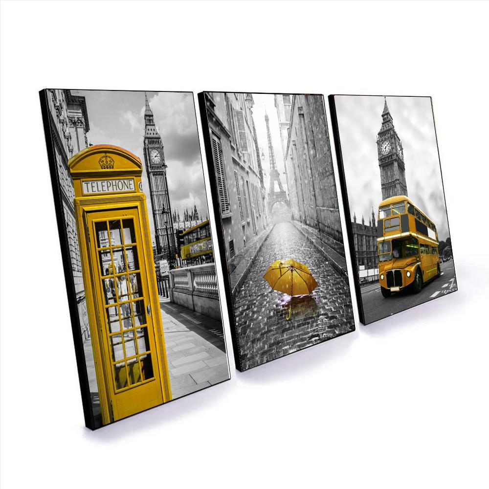 3 предмета Life Wall Art Лондон Красная телефонная будка Автобусный зонтик Печать на холсте Черно-белые фотографии города для дома Современное украшение Декор для гостиной 3 шт.