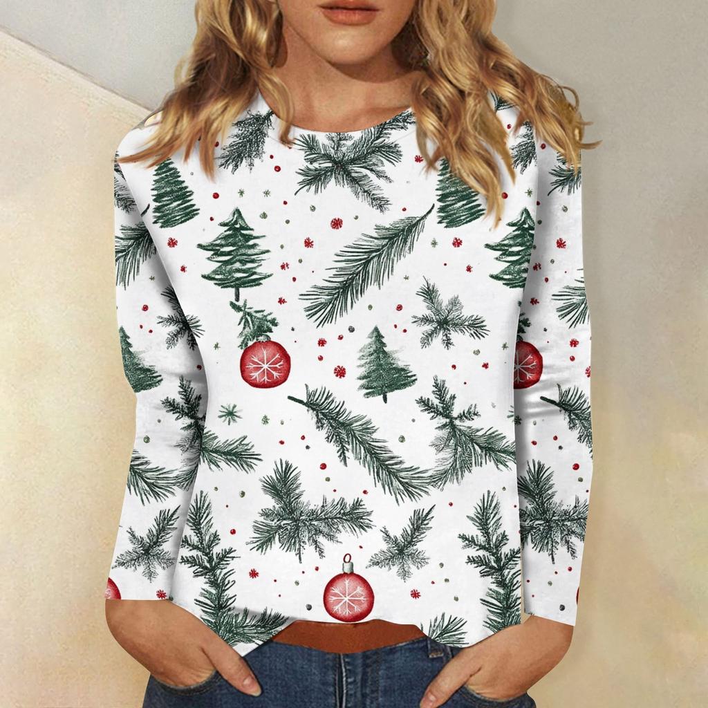 Рубашки с длинным рукавом для женщин Милые принты Футболки Блузки Повседневные Большие размеры Базовые топы Пуловеры Рождественские