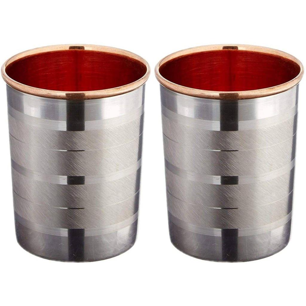 (Pack of 4) Set of 4 Pcs NT Copper Steel Water Glasses Glass Set Water/Juice Glass (300 Ml, Copper, Steel, Silver)
