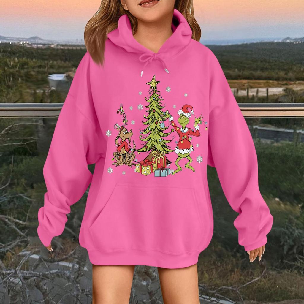 Детская модная повседневная толстовка с капюшоном свободного кроя с длинными рукавами и рождественским принтом