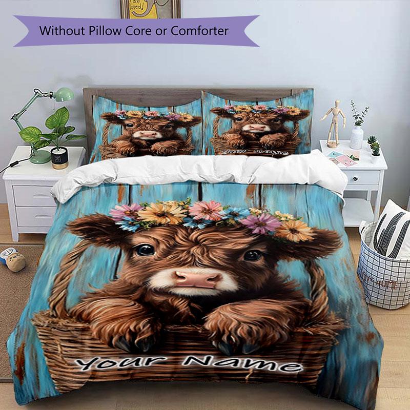 3PC Custom Name Cow Basket Flowers Bedding Set Printed Bedding Set Duvet Cover Closure Includes 1 Duvet Cover & 2 Pillowcases for All Seasons Bedroom