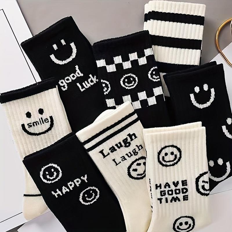 5 Pairs of Women's Black and White Color Cartoon Smiley Face Versatile Casual Long Tube Striped Sports Socks