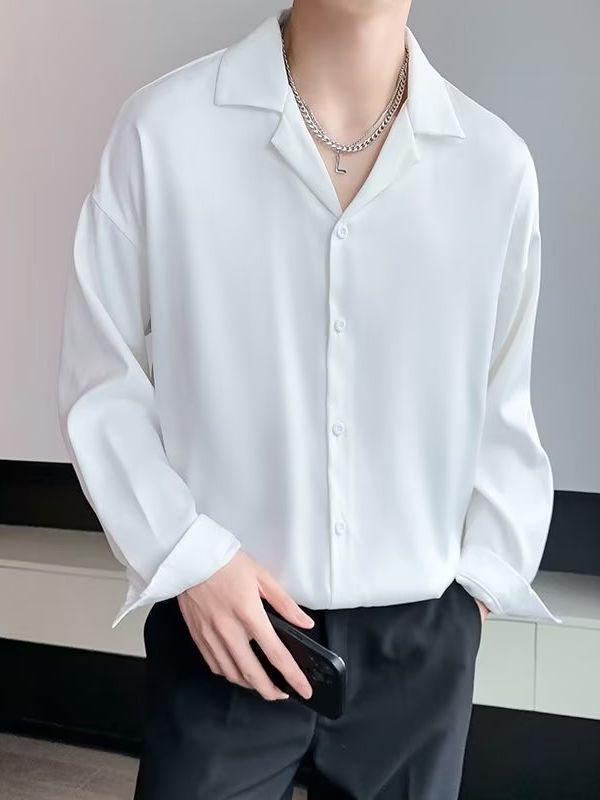 Men's Short-Sleeve White Cuban Collar Shirt - Trendy, High-End, Loose Fit, Casual Ice Silk Summer Wear
