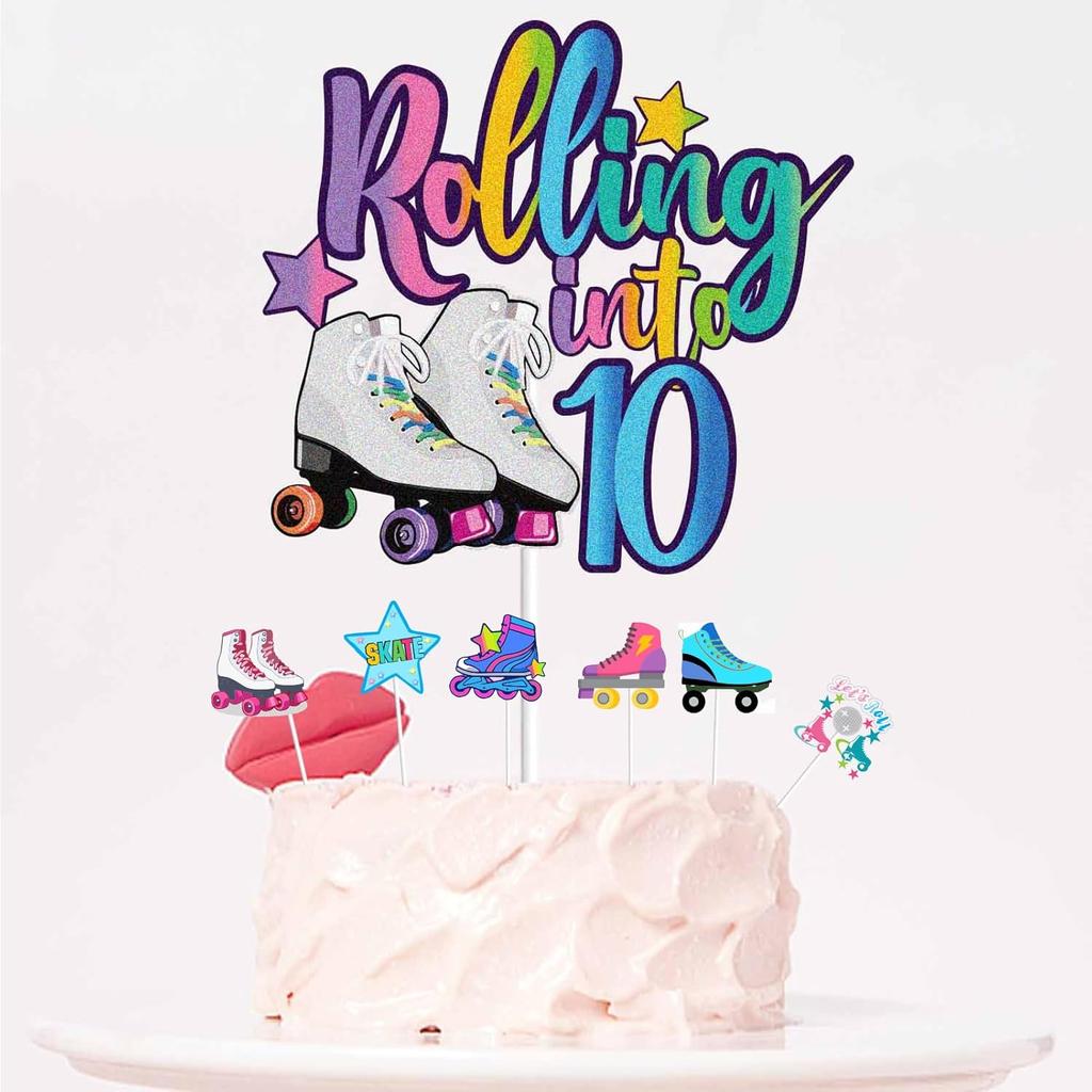 7Pcs Rolling into 10 Theme Cake Toppers Sets Roller Skate Happy 10th Birthday Themed Set Cake Decoration Girls Club Rolling 10 Years Old Supplies