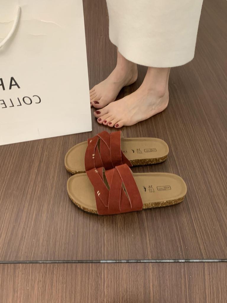 BEI LI XUAN Retro Mori Cross-strap One-word Slippers for Women's Summer Outer Wear Thick-bottomed Casual Beach Women