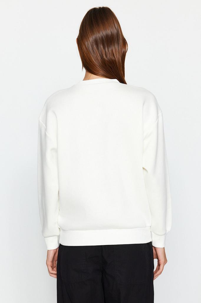 Женская модная стильная толстовка цвета экрю с цветочной вышивкой, обычная толстая внутренняя флисовая вязаная толстовка с круглым вырезом