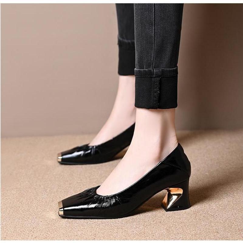 Ladies Elegant Fold Design Solid Color Simple Pumps Women's High Heels Soft Leather Metal Head Mid-heeled Dress Shoes Loafers