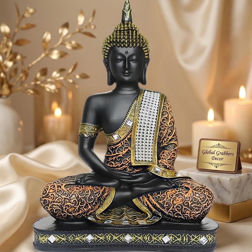 Limited Edition 25 Centimetre Meditating Sitting Buddha Idol Statue showpiece Home Decor Decoration Items for Living Room and Gifts (1, Orange Black)