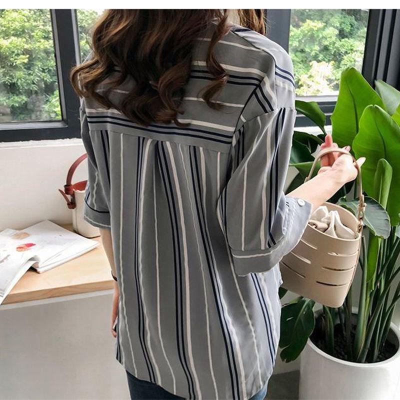 Летняя женская одежда, шифоновые рубашки в полоску с коротким рукавом и круглым вырезом, однобортные женские блузки в консервативном стиле, новые большие размеры