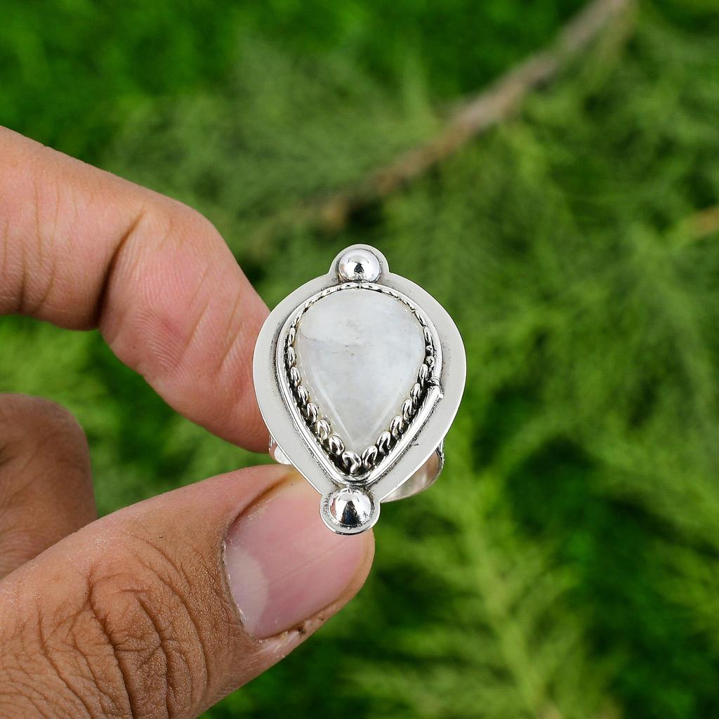 Natural Rainbow Moonstone Gemstone Solitaire Adjustable Ring 925 Sterling Silver