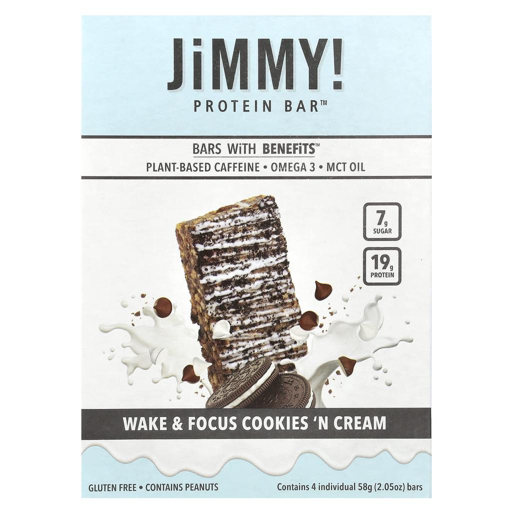 JiMMY! Bar Benefits, Protein Bar, Cookies & Cream, 4 Bars, 58G (2.05Oz) Each