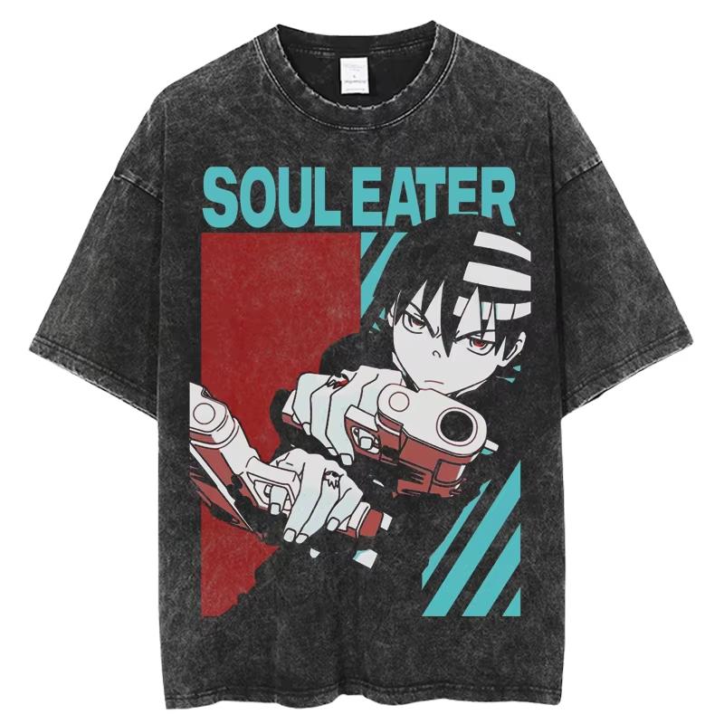 Япония Аниме Soul Eater Печатная Футболка Мужская Стиранный Хлопок Футболки Повседневная Свободная Манга Футболка Харадзюку Мужская Уличная Винтажная Футболка Топ