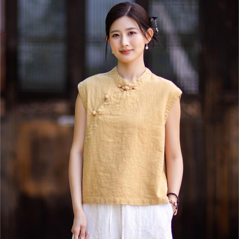 Johnature Women Vintage Shirts Tops Summer Chinese Style Solid Color Sleeveless Stand Button Blouses