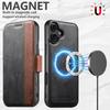 SUTENI Q-07 For iPhone 16 Plus Case Magnetic Color Splicing Cowhide Texture Leather Cover