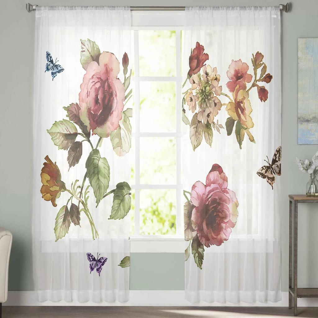 Vintage Flower Floral Sheer Curtain for Bedroom Tulle Voile Curtain for Kitchen Living Room Decor Window Treatment