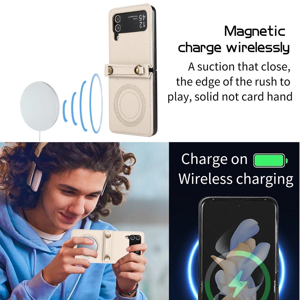 Наплечный чехол из магнитной кожи с беспроводной зарядкой для Samsung Galaxy Z Flip 6 5 4 3 Flip5, с длинным ремешком-шнурком, для чехла Magsafe