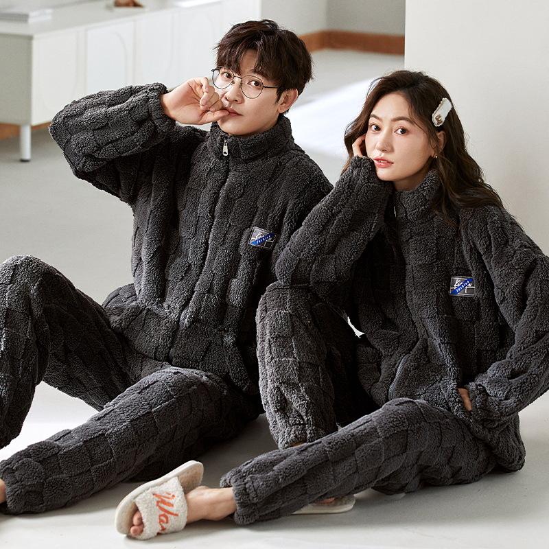 Парный комплект пижамы из кораллового флиса с рисунком - мужская и женская фланель на молнии для осени/зимы