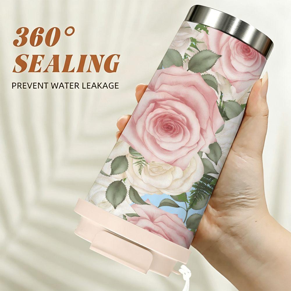 Elegant Floral Print Stainless Steel Insulated Coffee Tumbler, Vacuum Travel Mug with Lid for Hot Cold Drinks Office Gift