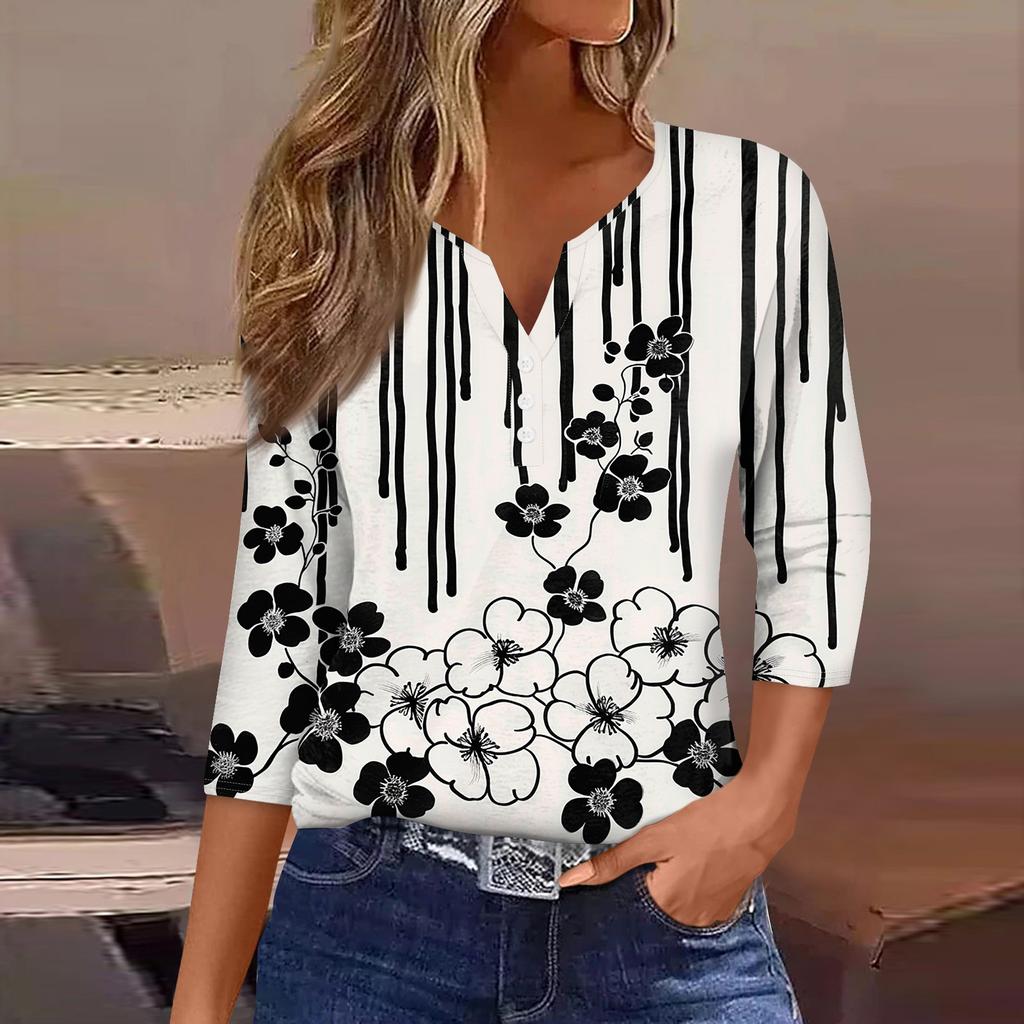 Жен. Футболка Футболка С принтом Пуговицы Рукав 3/4 Повседневные Выходные Мода Классический Классический V-образный вырез Обычный Верх