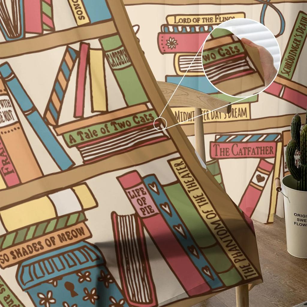 Cartoon Bookshelf Sleeping Cat Tulle Sheer Curtains for Living Room Decoration Window Curtain for Bedroom Voile Organza Drapes