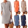 Women Casual Long Sleeve Buttons Pockets Cotton Linen Loose Knee-length Dress
