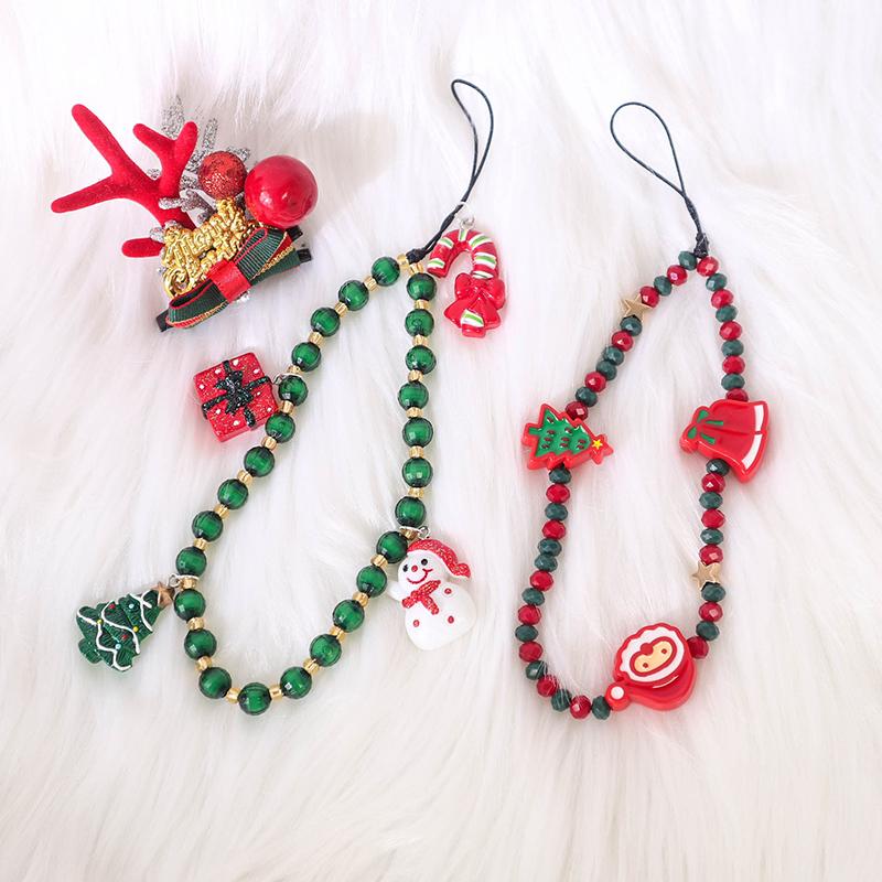 Christmas Mobile Phone Chain Universal Anti-Lost Phone Chain Cartoon Santa Claus Christmas Trees Beaded Phone Lanyard Gifts