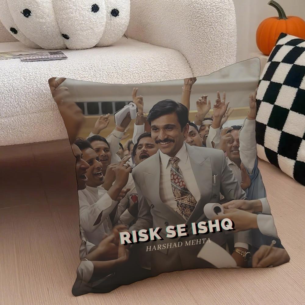 SScam  The Harshad Mehta Story Cushion Cover Throw Pillow Cover Hidden Button Durable Polyester Chair Cushion