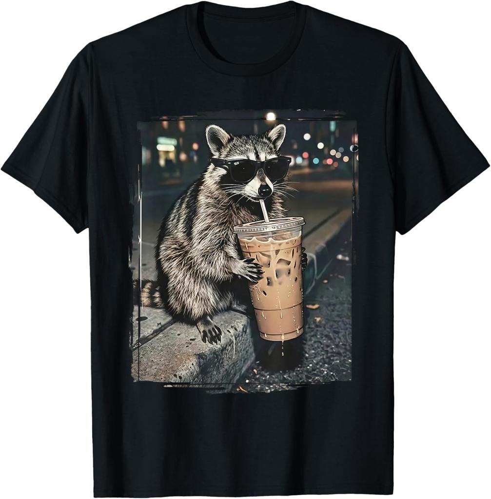 Raccoon Drinking Iced Coffee Funny Animal Meme Tshirt Unisex And Unisex Summer Cotton Clothing Fashion Round Neck Short Sleeved Tee
