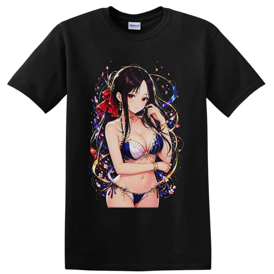 Anime Waifu Bikini T Shirt w/ Floral Ribbon Fantasy Art Graphic Sparkle Cute Tee