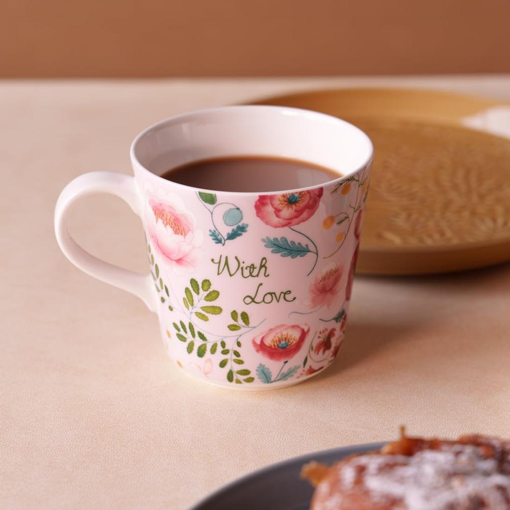 Кружка NARUMI Anna Emilia Цветочная Nordic Подарочная, 340 мл, «С любовью», Розовая, Печать, Милая, Дизайн, Большая, Подарок, Безопасна для микроволновой печи, Безопасна для посудомоечной машины, В коробке,