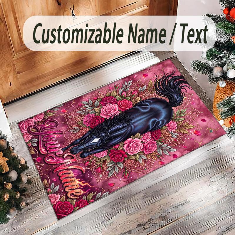 Horse Theme Crystal Velvet Floor Rug Personalized Custom Name Text Warm Carpet Home Decoration